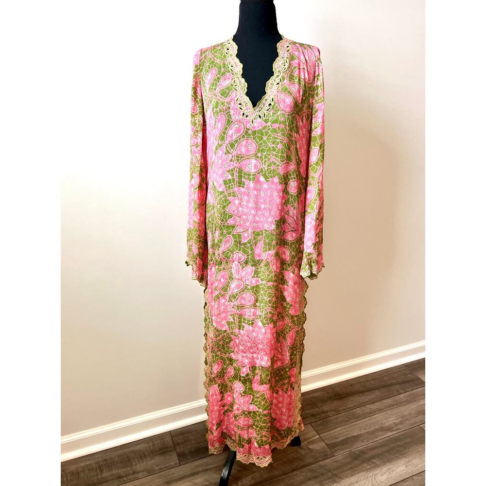 Hemant and Nandita Pakhi Kaftan Dress with Slip Lining Size XL Floral Side Slit - Picture 3 of 7